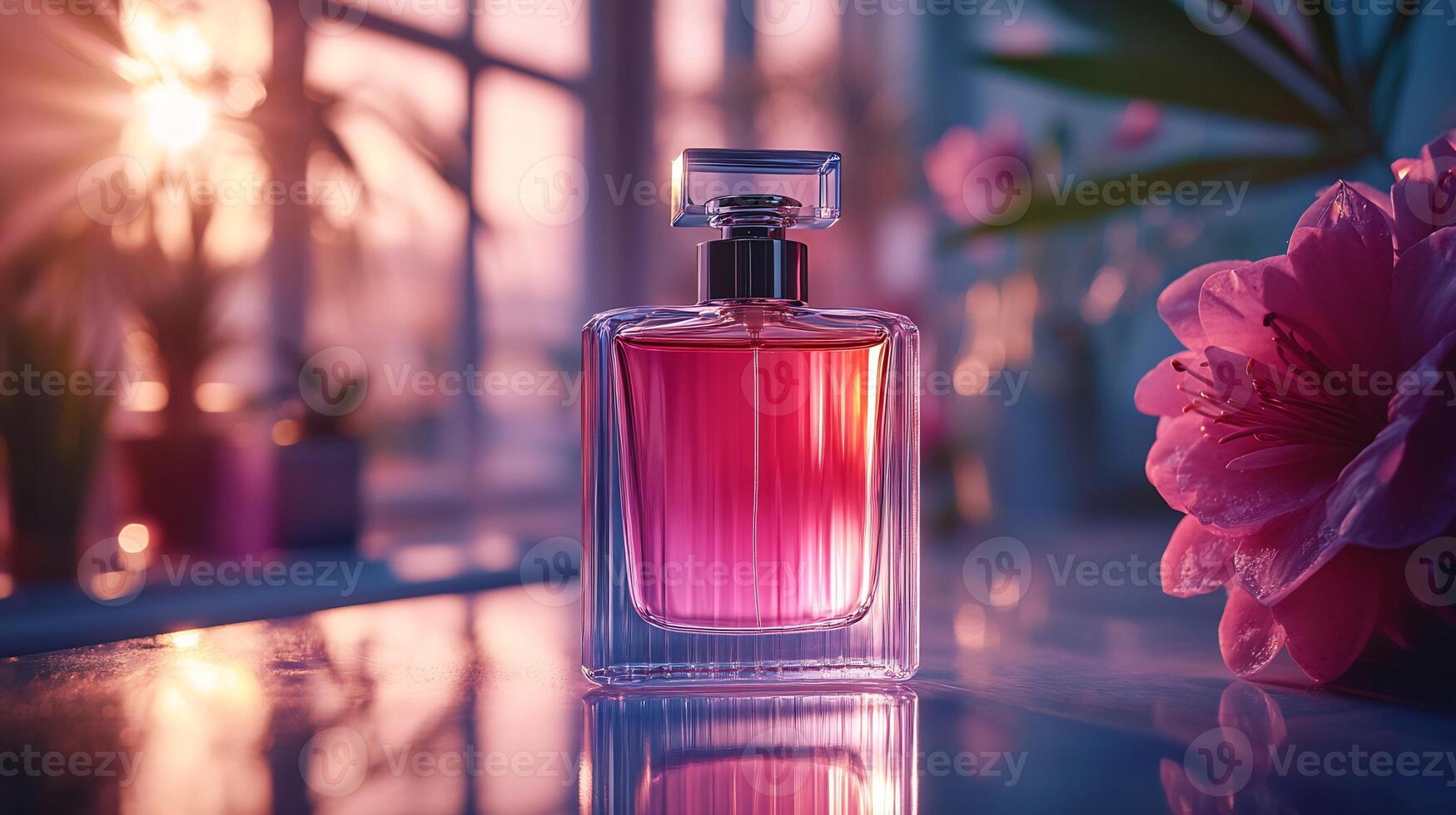 Perfume Bottle Mockup Positioned a Reflective Surface with Soft Ambient Lighting Ideal for Showcasing Luxury Beauty Products and Elegant Branding photo