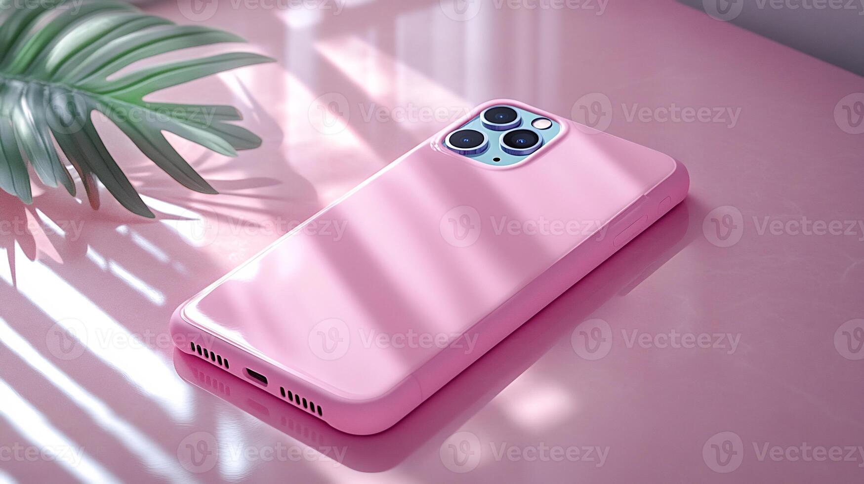 Phone case mockup lying glossy surface with soft lighting perfect for showcasing custom designs photo