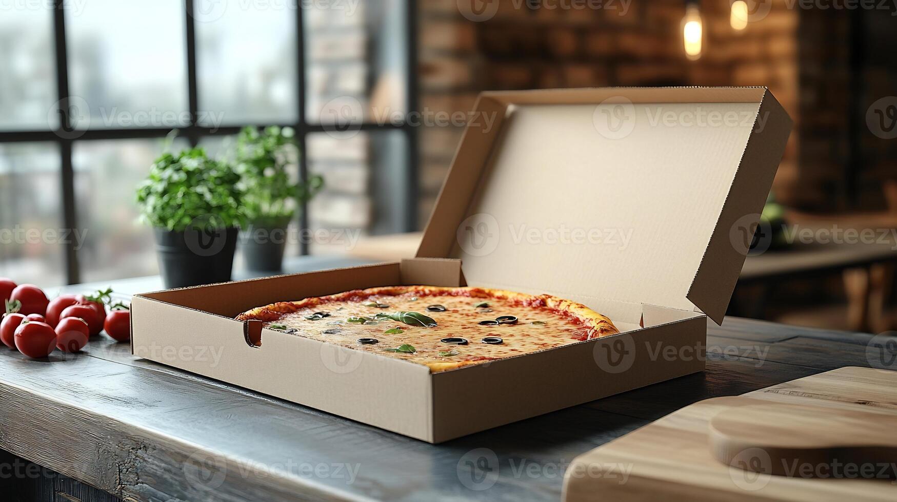 Pizza box mockup displayed open kitchen counter perfect for fast food product branding photo