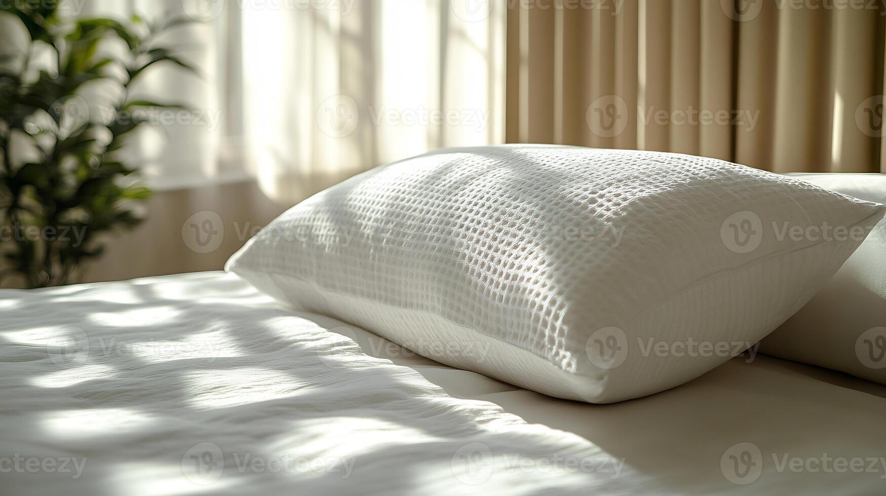 Pillow Mockup White Bed with Soft Light Ideal for Home Decor and Bedding Product Showcasing photo