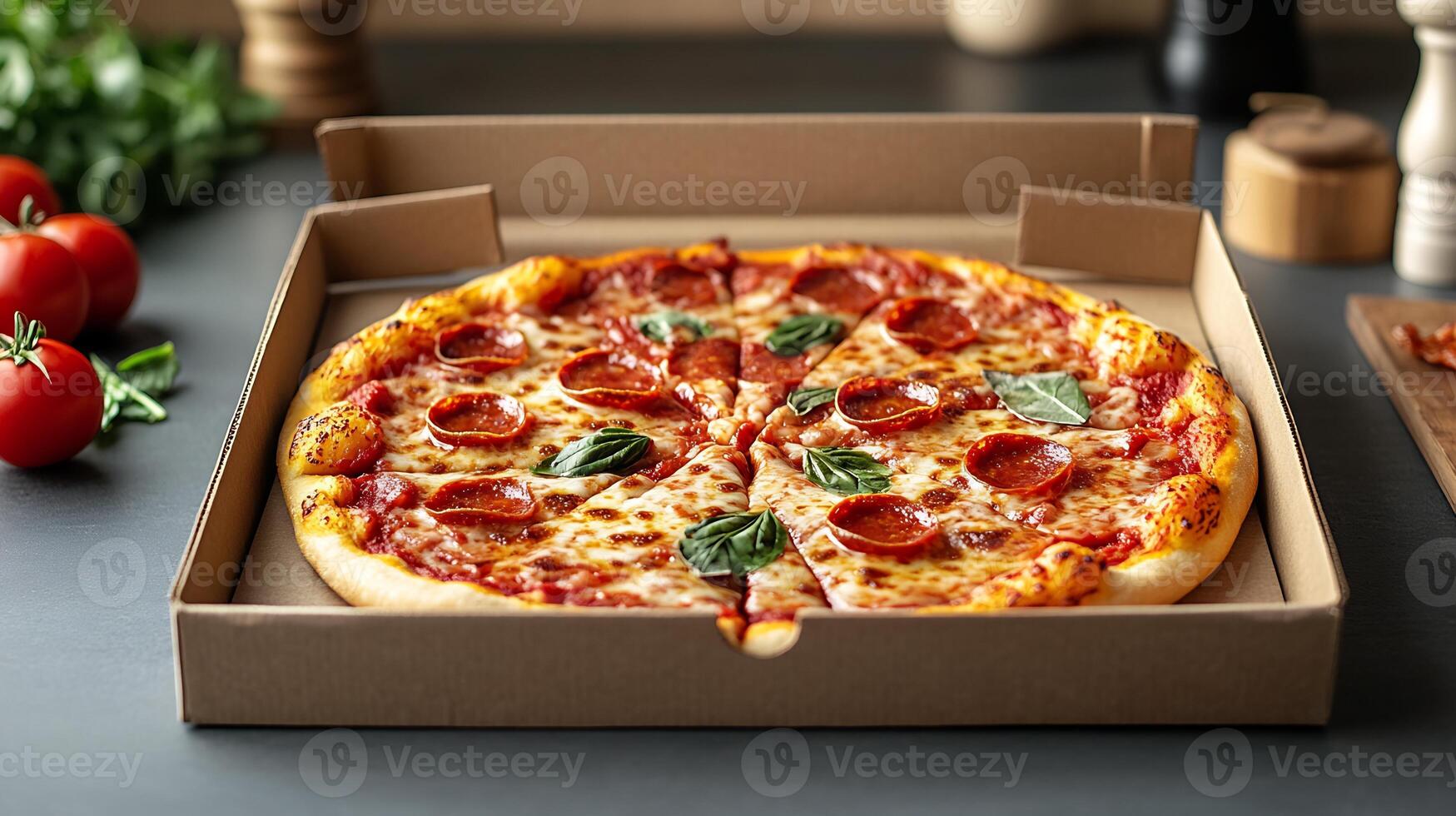 Open Pizza Box Mockup Kitchen Counter Perfect for Fast Food Packaging and Restaurant Branding photo