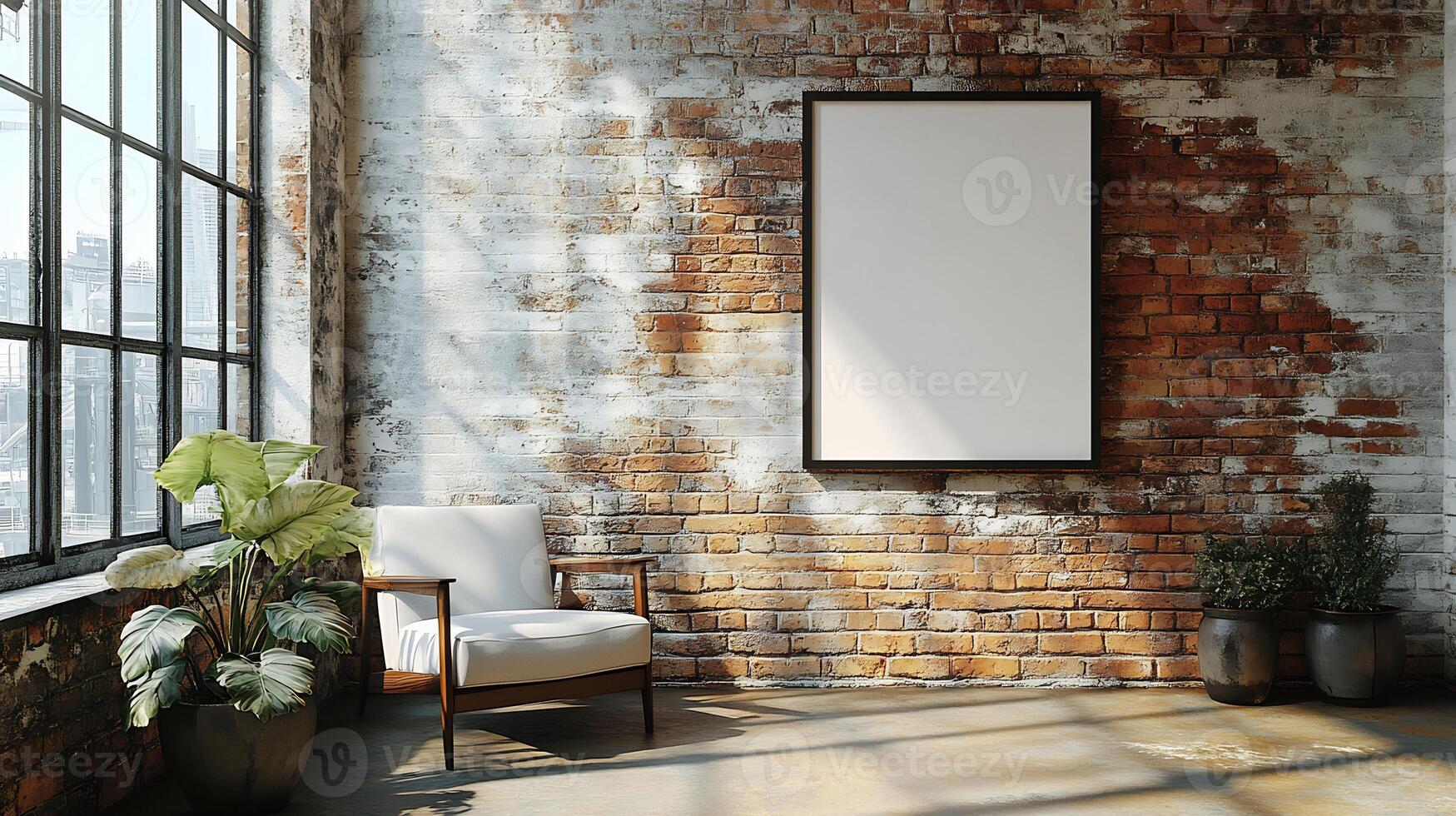 Poster Mockup Framed Mounted on a Brick Wall Ideal for Highlighting Advertising Displays Art Posters and Promotional Graphic Designs in Urban Settings photo