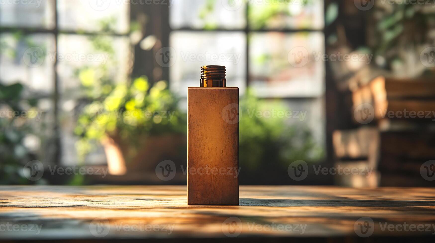 Product packaging mockup wooden table with sharp lighting perfect for showcasing box designs photo