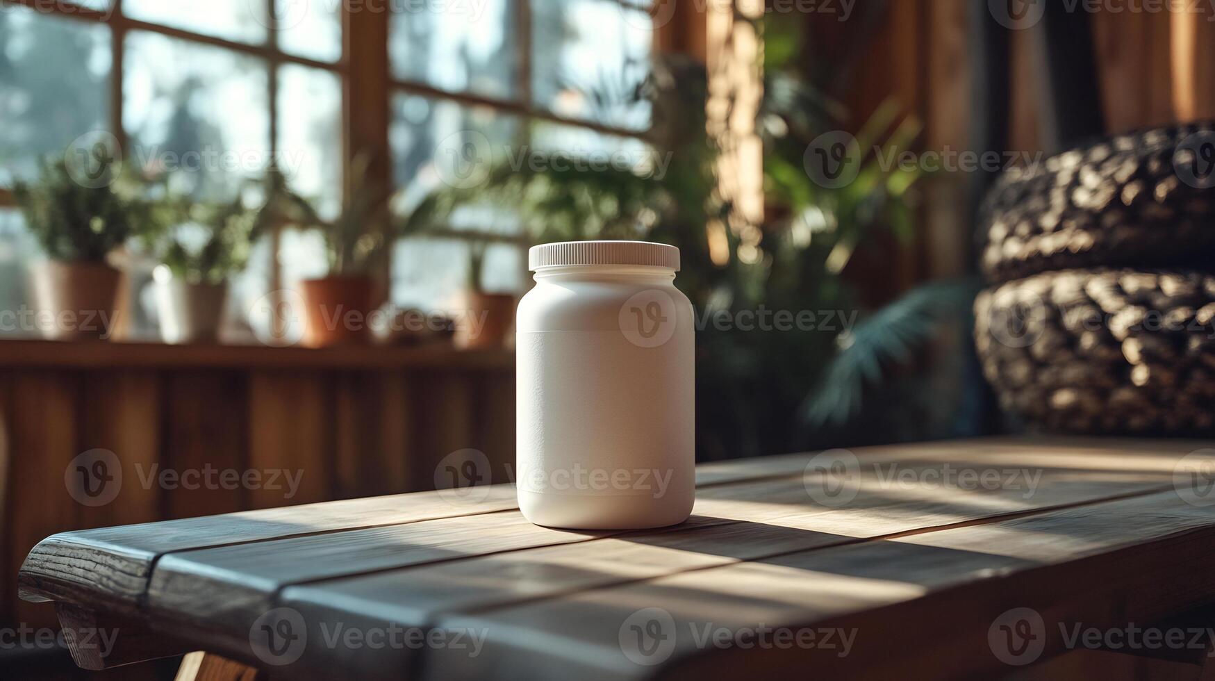 Protein Powder Jar Mockup Gym Bench with Natural Light Perfect for Health and Fitness Branding photo