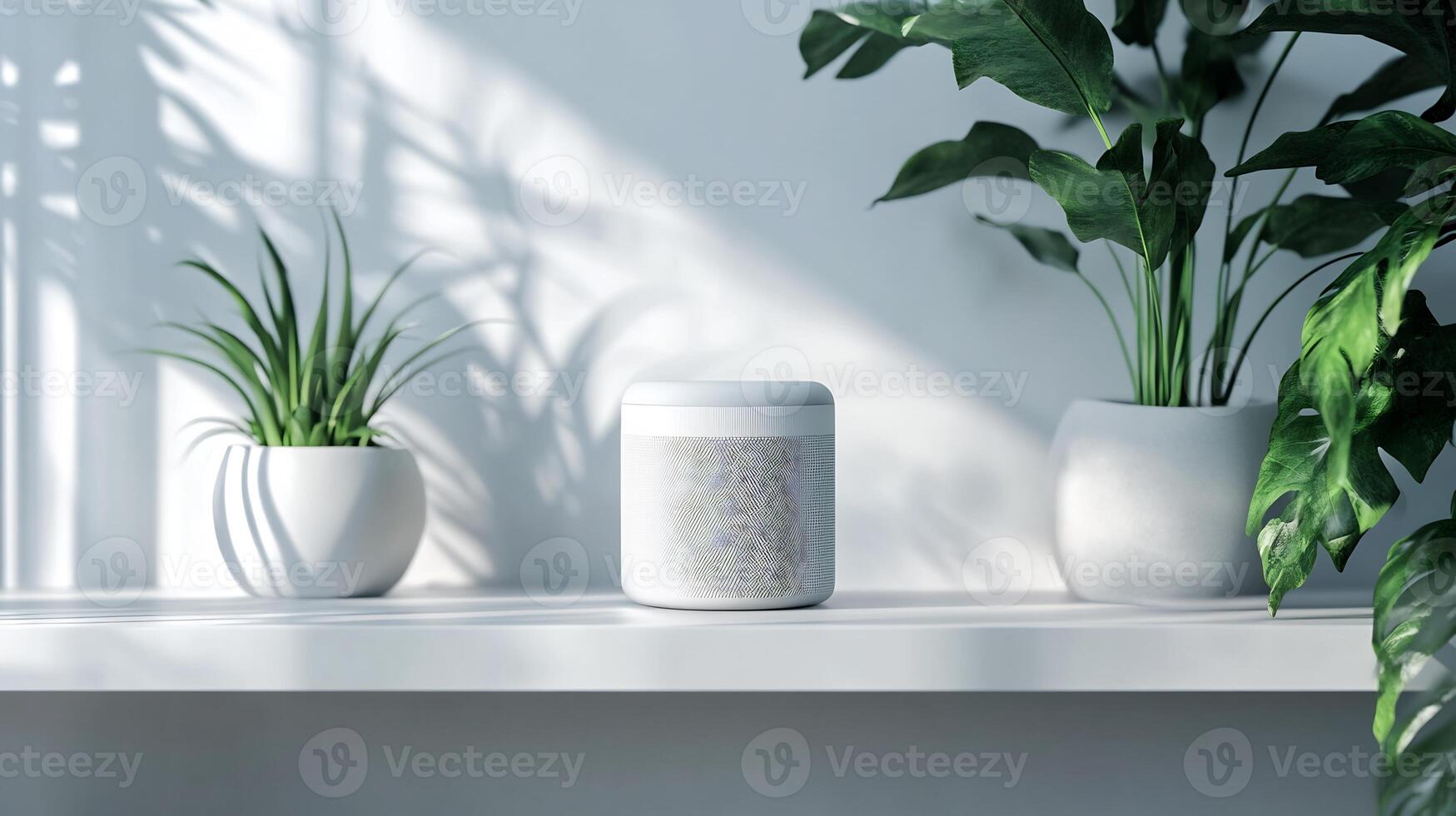 Smart Speaker Mockup Positioned a Clean White Shelf with Soft Ambient Lighting Ideal for Showcasing Tech Product Branding in a Modern Home Setting photo