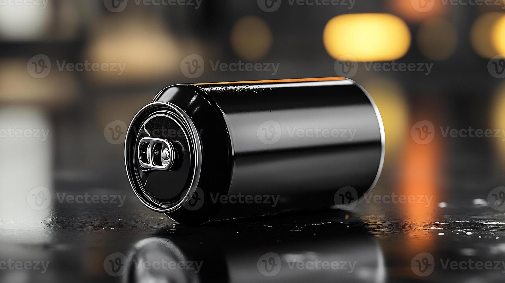 Soda Can Mockup Lying Flat a Reflective Surface Ideal for Showcasing Beverage Branding Creative Label Designs and Refreshing Drink Product Packaging Concepts photo