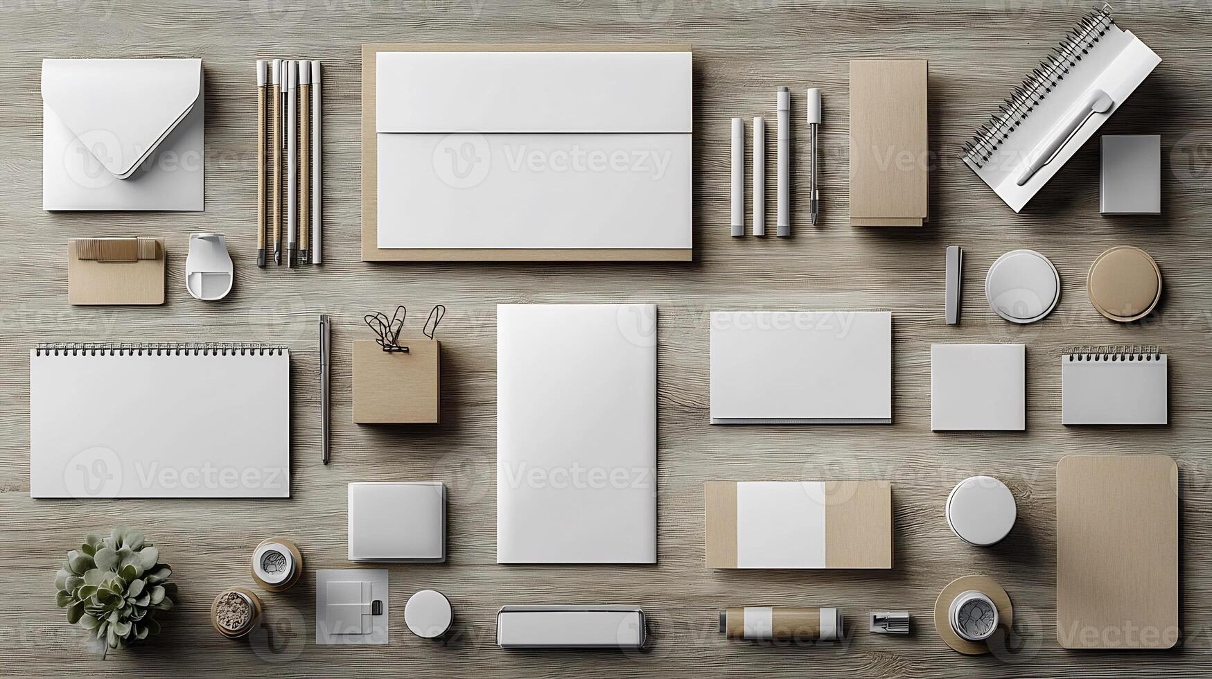 Stationery set mockup neatly arranged wooden desk showcasing custom office supplies photo