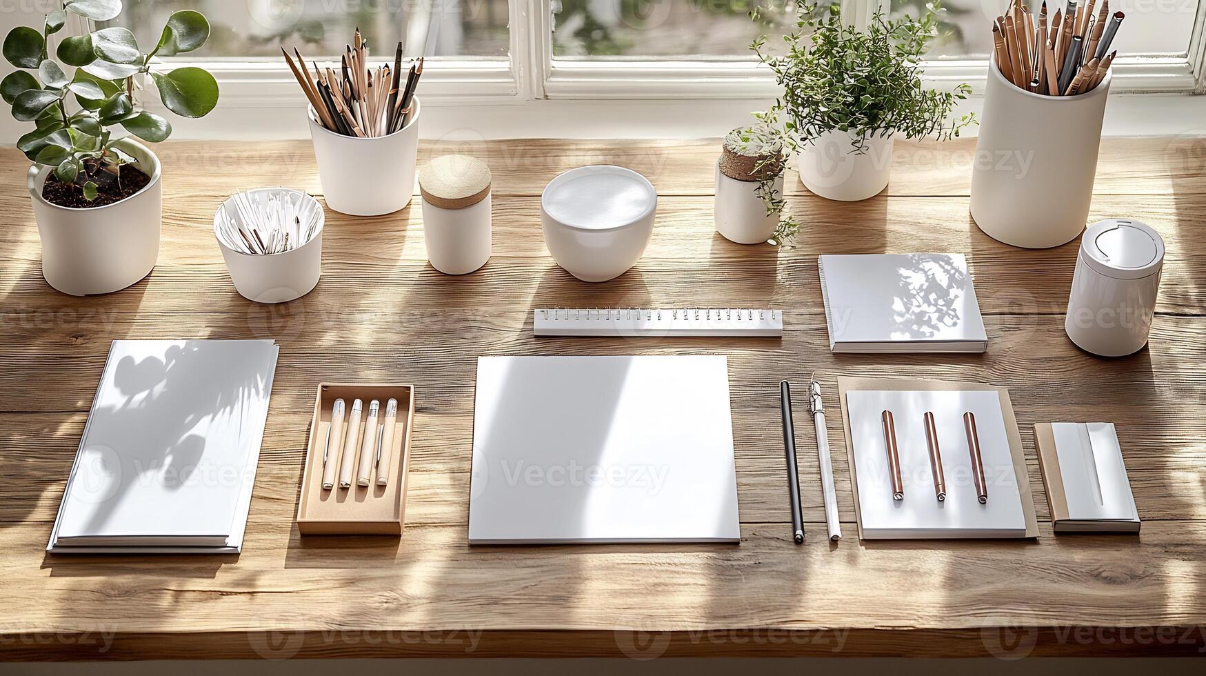 Stationery Set Mockup Organized Wooden Desk Ideal for Office Supplies and Custom Branding photo