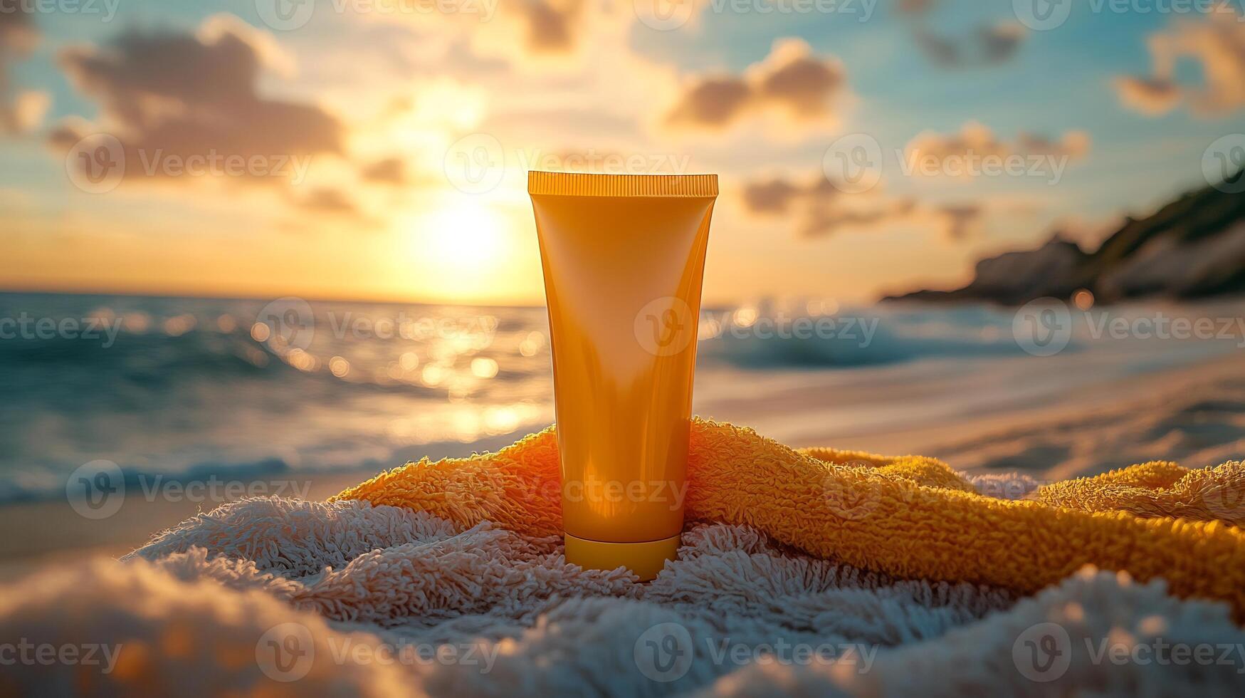 Sunscreen tube mockup standing beach towel with vibrant sunlight perfect for summer product branding photo