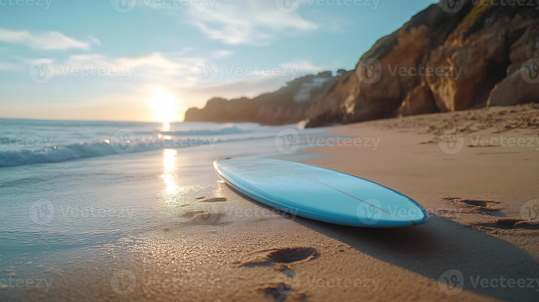 Surfboard mockup lying sandy beach with a clean clear sky perfect for summer product showcases photo