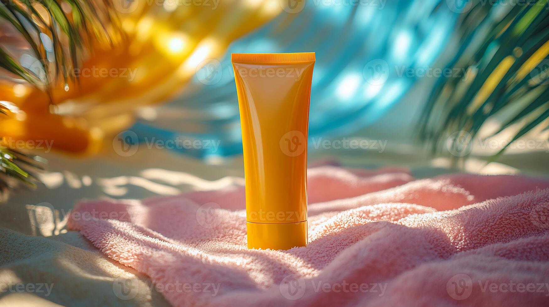 Sunscreen Tube Mockup Beach Towel with Bright Sunlight Perfect for Summer and Skincare Product Branding photo