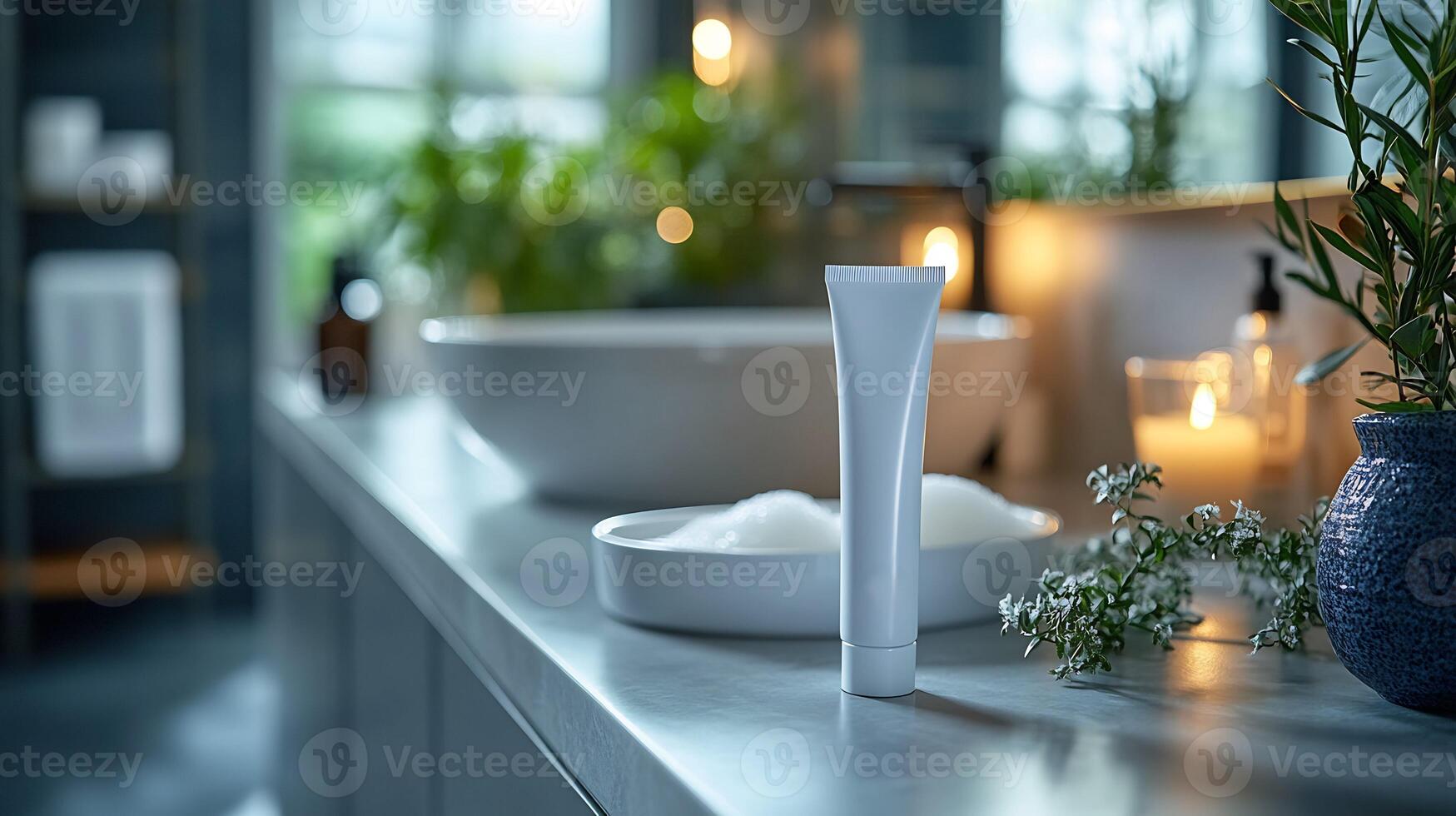 Toothpaste Tube Mockup Bathroom Counter with Soft Light Great for Health Product Branding and Hygiene photo