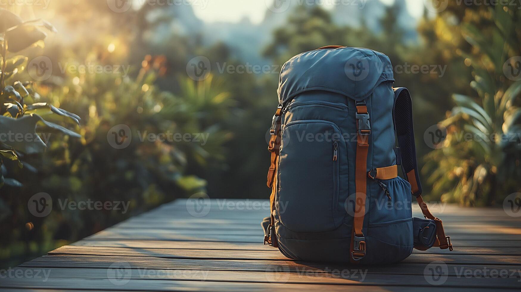 Travel Backpack Mockup Placed a Wooden Floor with Soft Natural Lighting Ideal for Outdoor and AdventureThemed Branding Displays photo