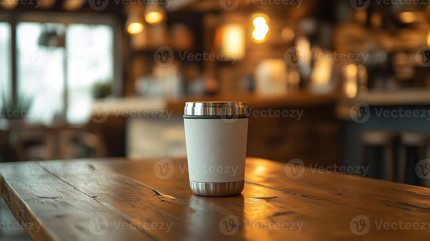 Travel mug mockup sitting wooden table with a bold logo ideal for showcasing drinkware products photo