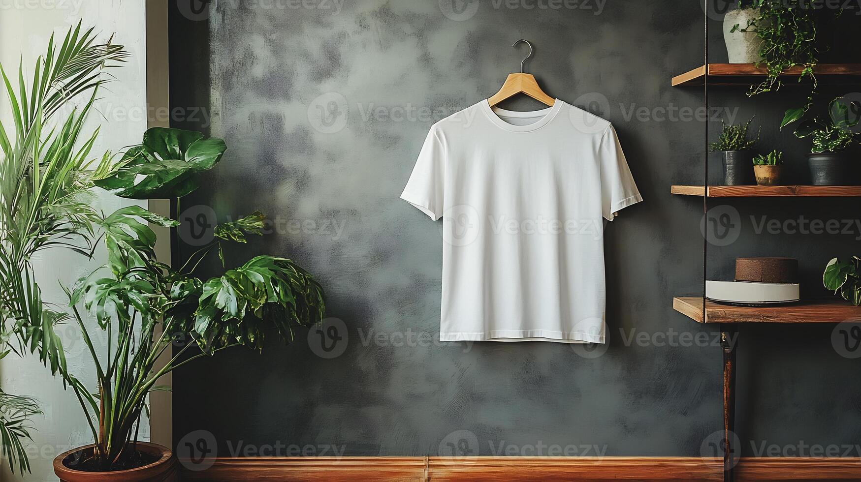 Tshirt Mockup Hanging a Hanger in Front of a Plain Wall Ideal for Presenting Apparel Branding Fashion Designs and Custom Clothing Graphics in a Simple Display photo