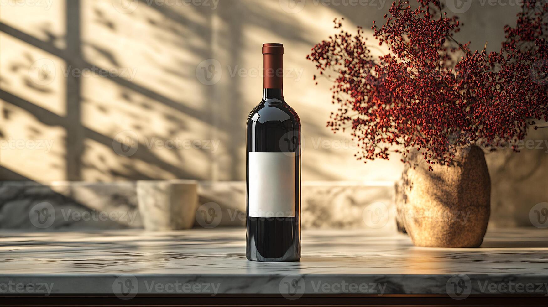 Sleek Wine Bottle Mockup Custom Label Standing on a Marble Countertop Perfect for Showcasing Luxury and HighEnd Beverage Branding photo
