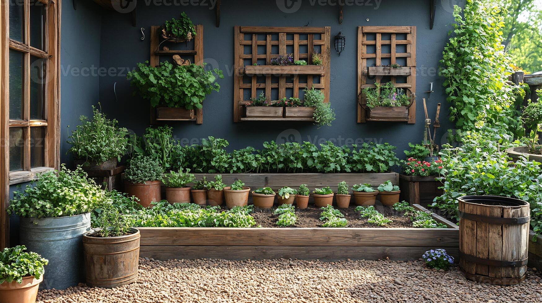 Old iron watering cans antique planters filled with thyme and parsley raised beds in fertile soil rustic wooden trellises adorned with cucumbers compost bin in the corner photo