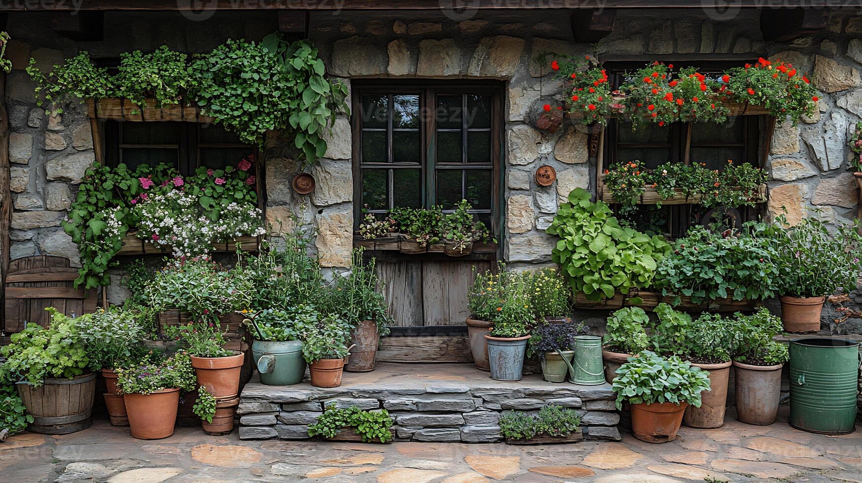 Rustic stone planters overflowing fresh parsley and oregano vintage watering cans beside raised beds compostrich soil and old wooden trellises covered in vining heirloom vegetables photo