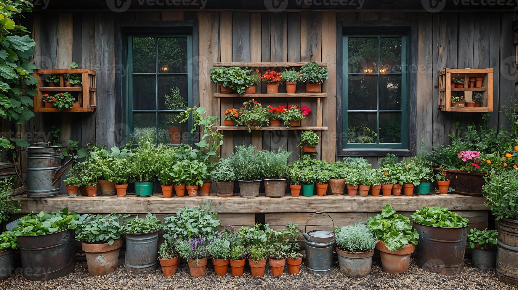Vintage stone planters brimming herbs rusted iron watering cans beside lush raised beds nutrientrich compost soil antique wooden trellises supporting climbing plants photo