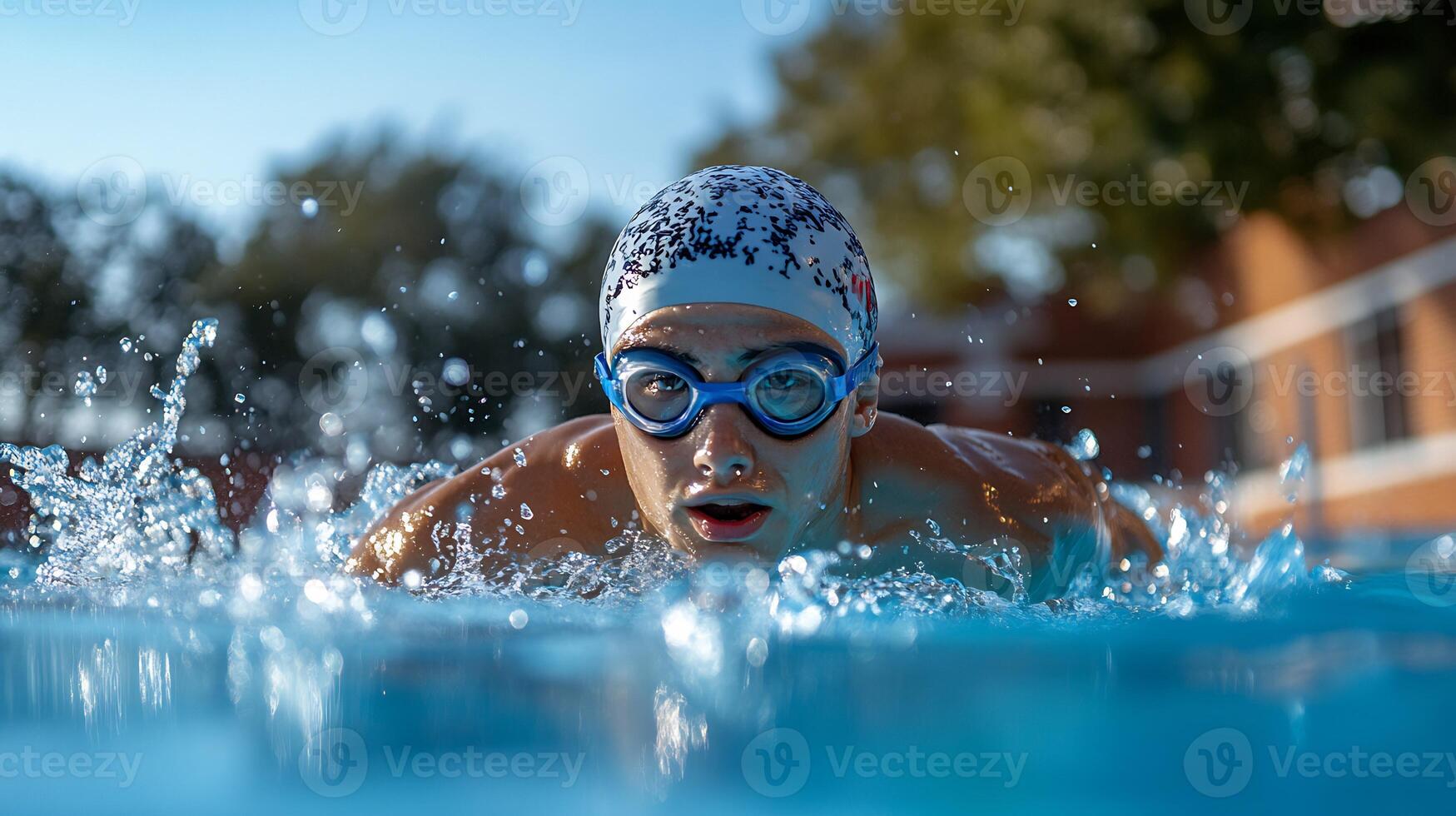 Swimmer doing laps in an outdoor pool under a bright blue sky water splashing around them wearing goggles and swim cap photo