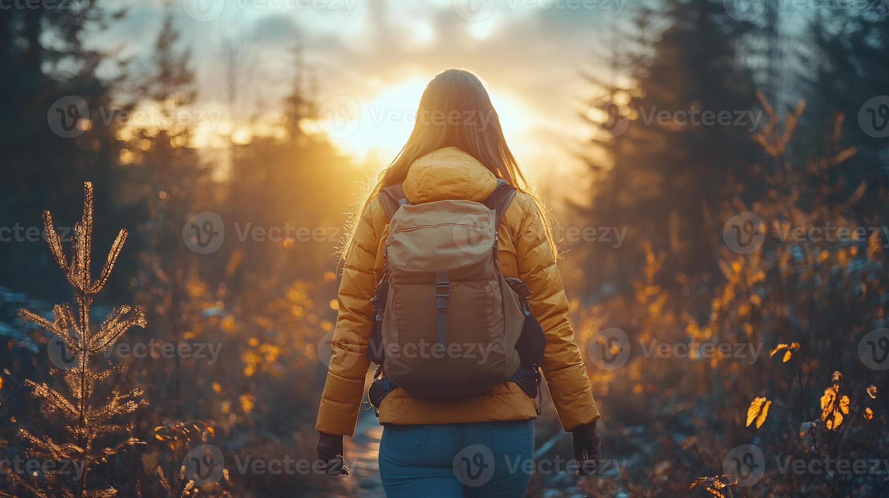 Couple hiking through a forest trail at sunset holding hands backpacks on sunlight filtering through the trees warm and peaceful mood photo