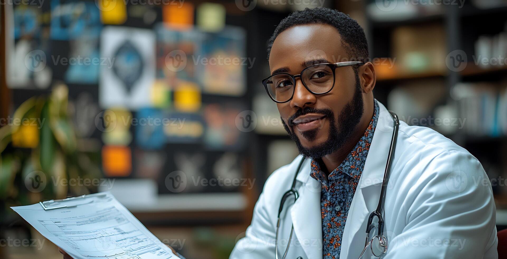 Doctor explaining a medical report to a patient in a modern welllit clinic both sitting across a desk healthcare diagrams on the wall photo