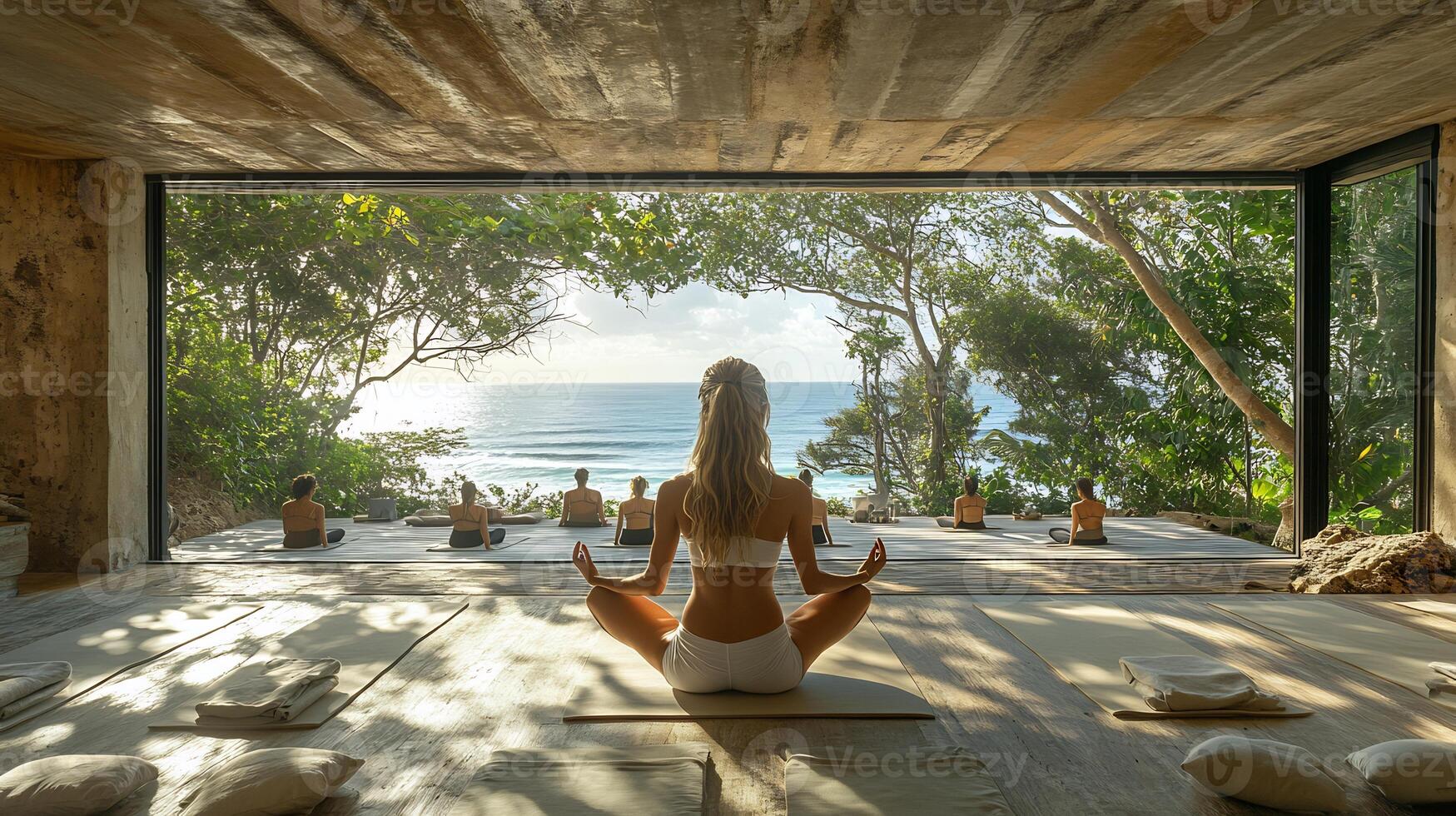 Fitness instructor leading a yoga class in an openair studio with a view of the ocean participants holding poses calm energy soft breeze blowing photo