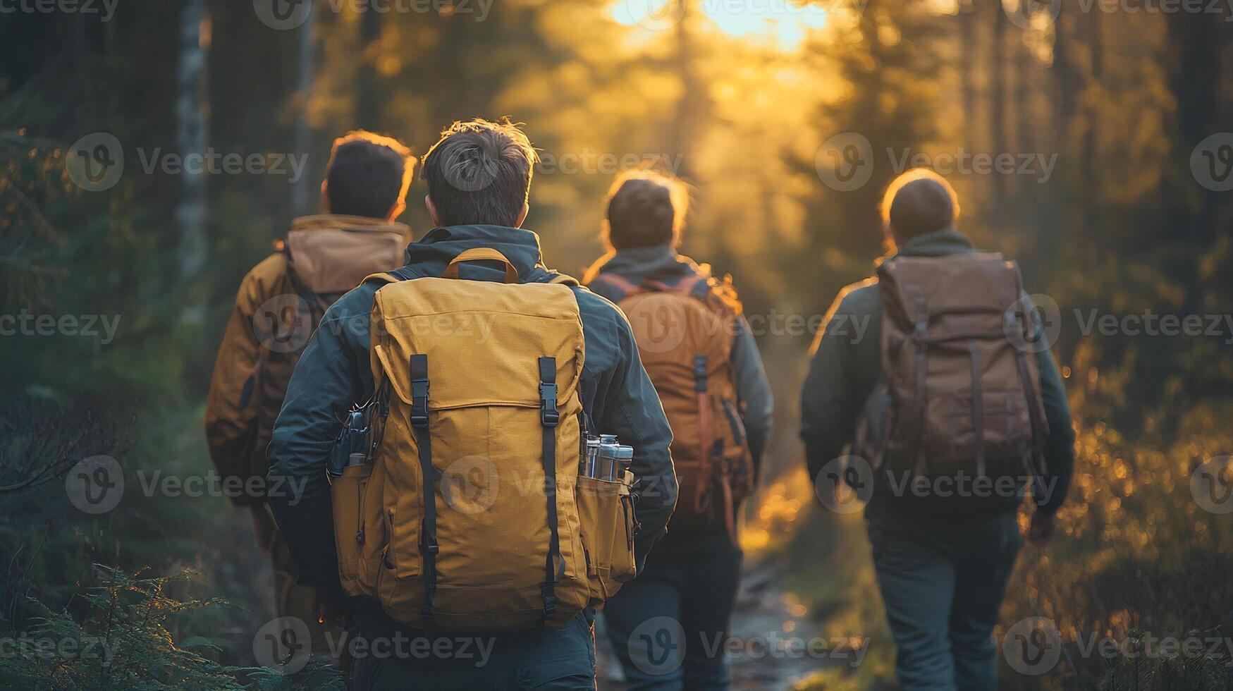 Group of friends hiking through a forest trail backpacks on talking and laughing as they walk soft sunlight filtering through the trees photo