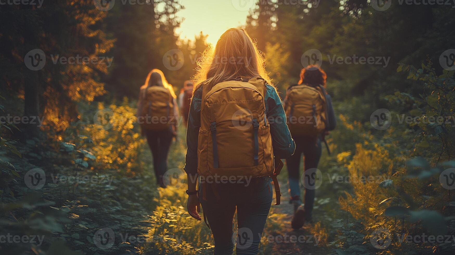 Group of friends hiking through a forest trail backpacks on talking and laughing as they walk soft sunlight filtering through the trees photo