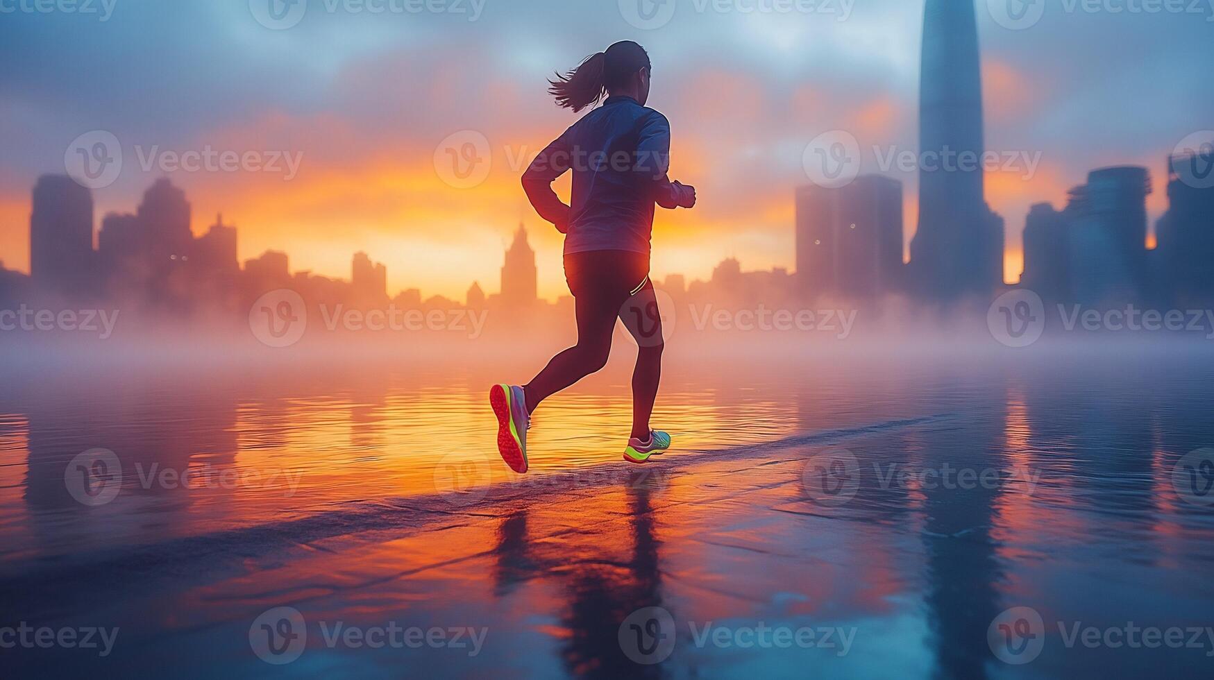 Person jogging along a city waterfront at sunrise wearing neon running shoes and focused expression skyline in the background morning fog on the water photo