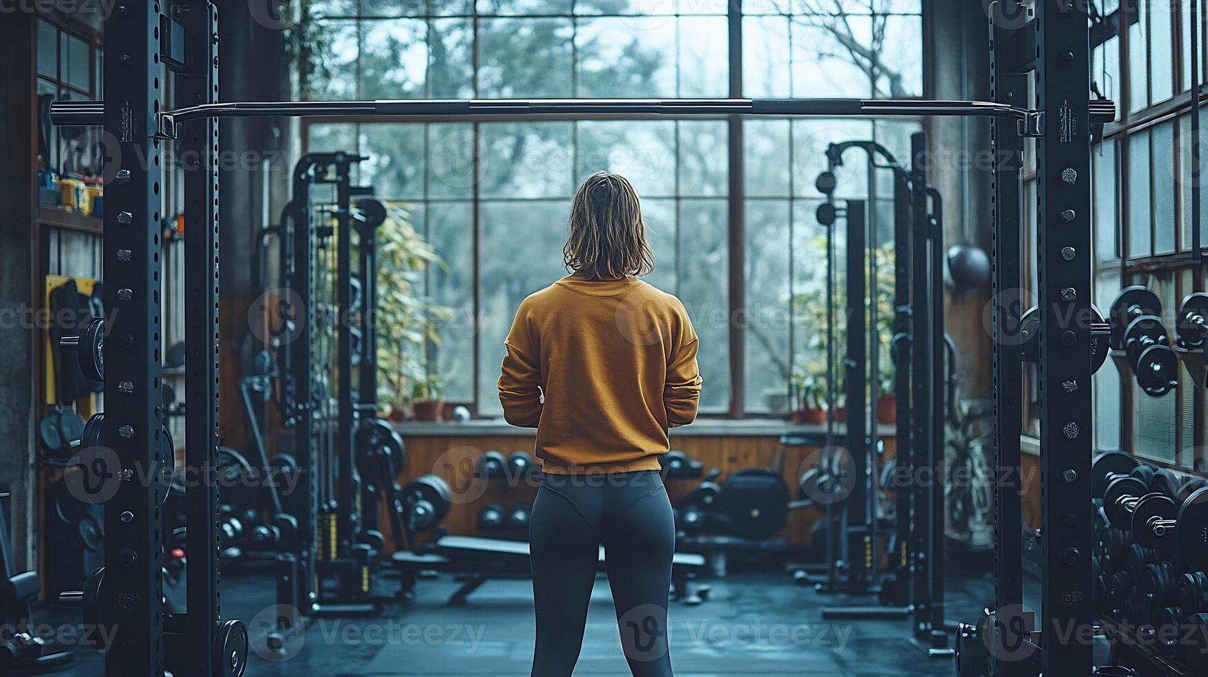 Person lifting weights in a hightech indoor gym mirrors reflecting their determined expression sleek equipment surrounding them photo