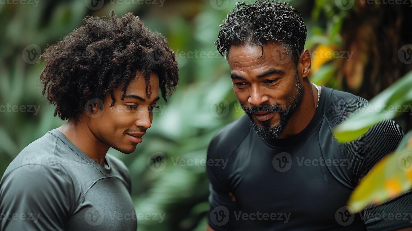 Personal trainer guiding a client through strength training in an outdoor park both wearing athletic gear focused expressions lush greenery around photo