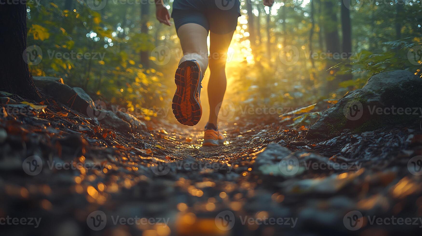 Person running through a forest trail in the early morning sunlight filtering through the trees wearing bright running shoes focused expression photo