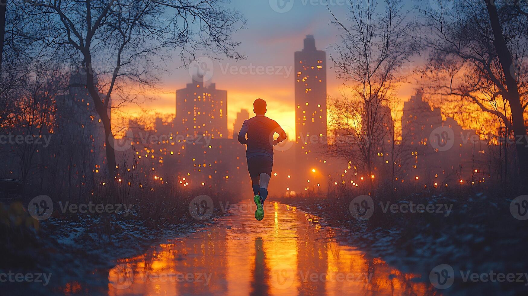 Runner sprinting through an urban park at dusk bright city lights in the background wearing neon running shoes intense concentration photo