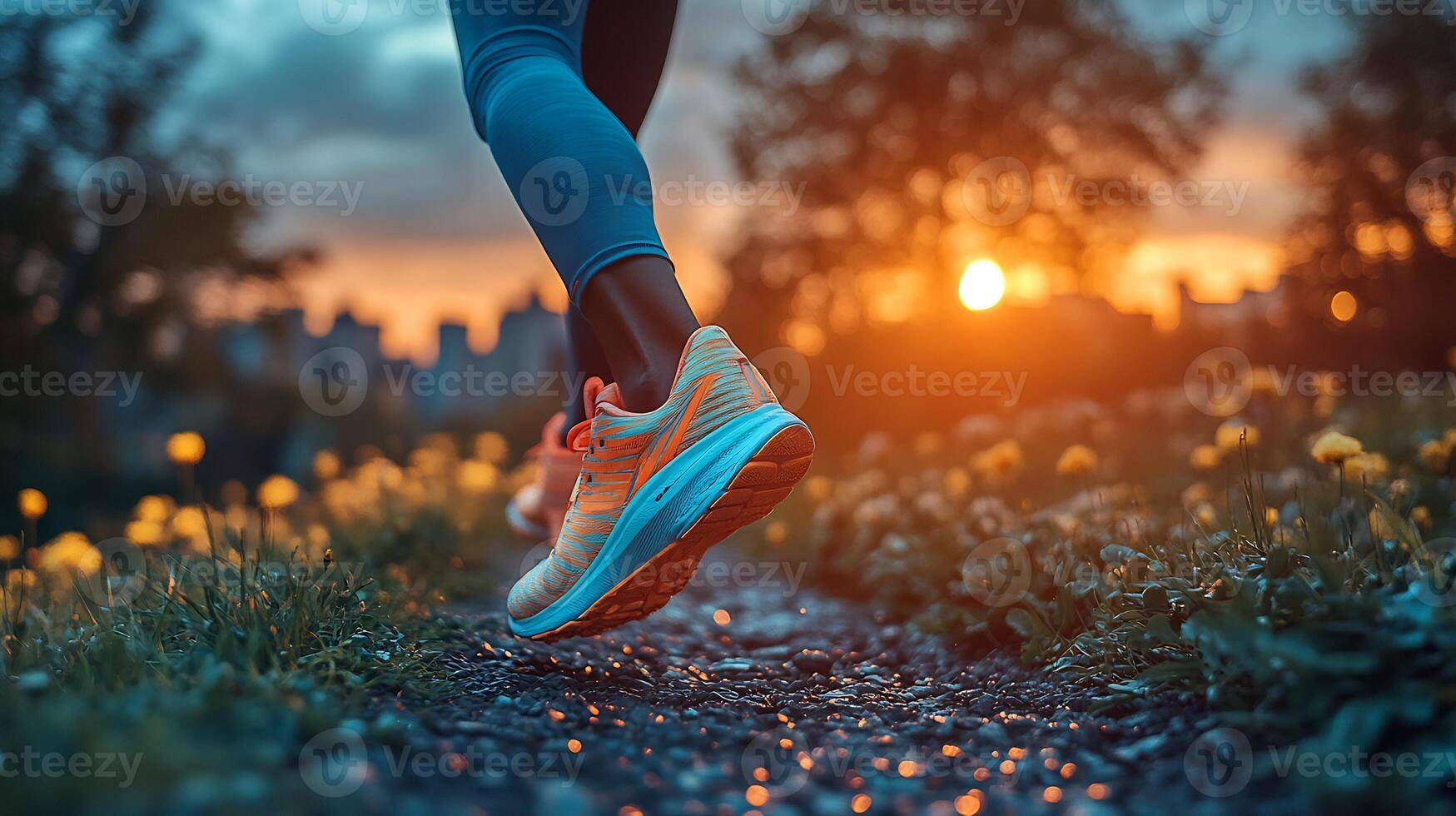 Runner sprinting through an urban park at dusk bright city lights in the background wearing neon running shoes intense concentration photo