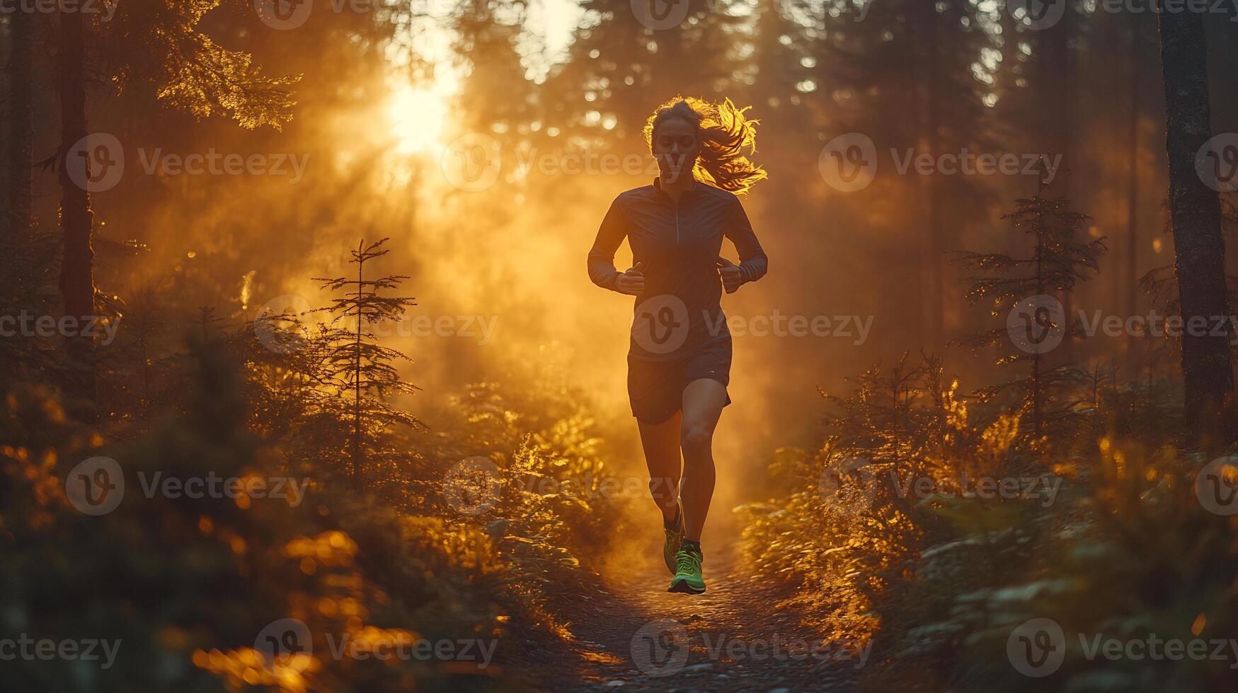 Person running through a forest trail in the early morning sunlight filtering through the trees wearing bright running shoes focused expression photo