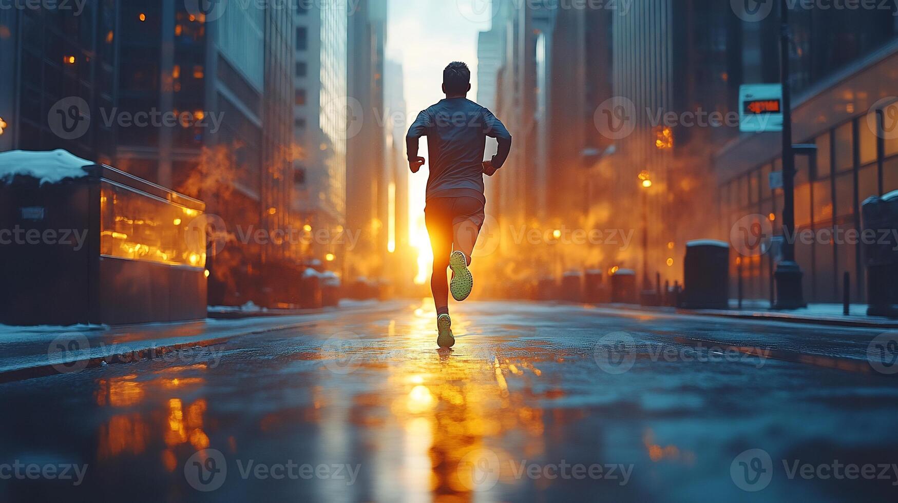 Runner sprinting through an empty city street at dawn wearing bright running shoes and focused expression tall buildings on either side photo
