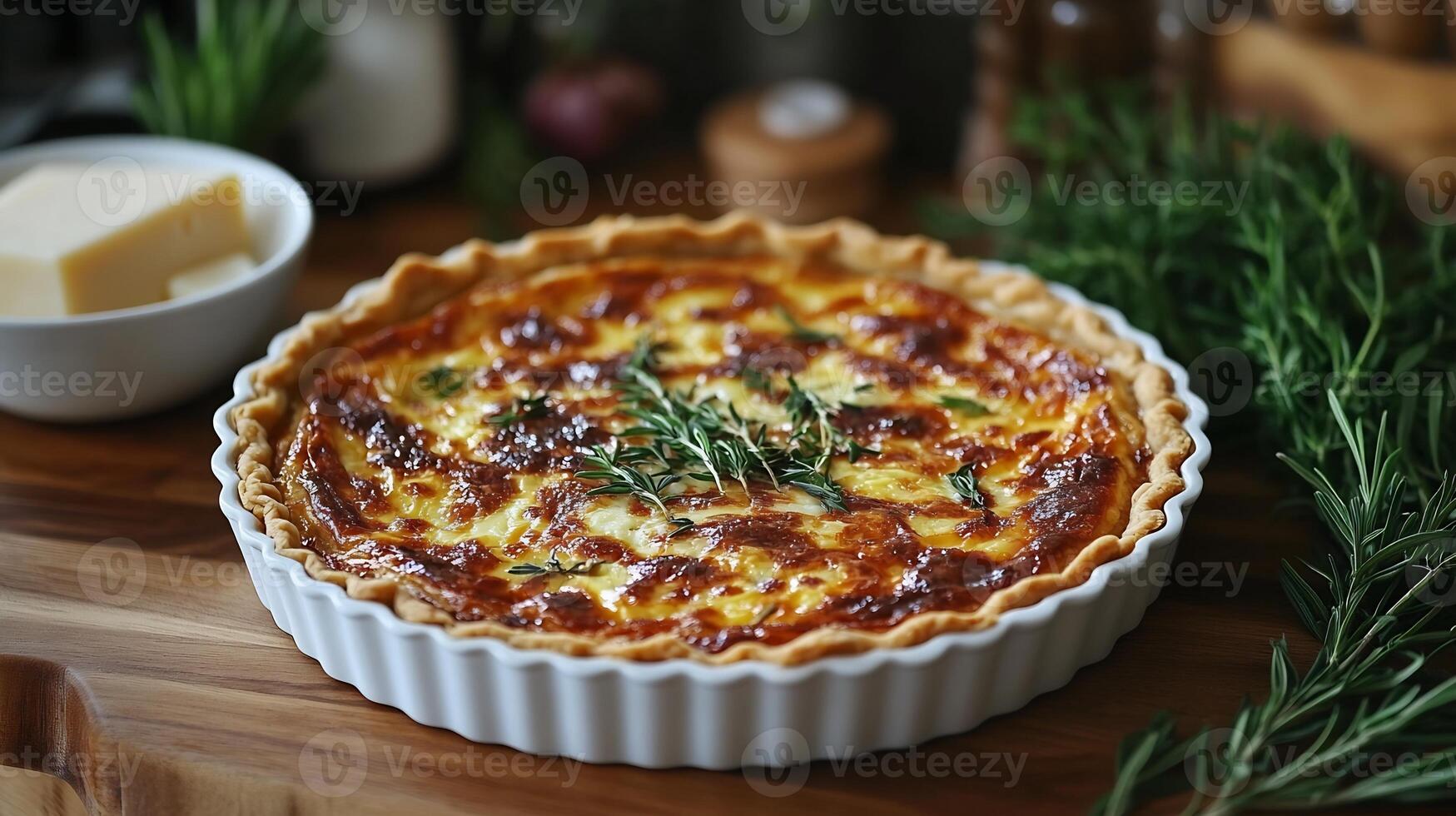 Quiche Lorraine baking the oven accompanied by a bowl of fresh herbs and cheese on the counter creating a savory and rich dish perfect for brunch or dinner gatherings photo
