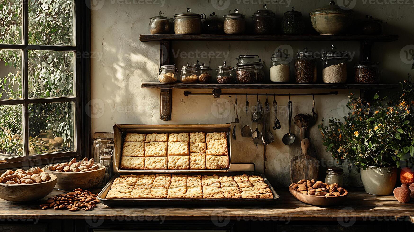 Oven a tray of crisp biscotti and a field of almonds and a bowl of dried fruit on the kitchen counter photo