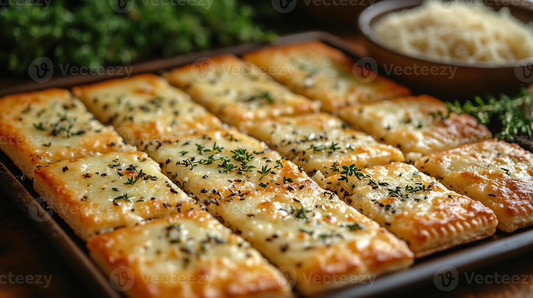 Golden brown cheese herb crackers baking in the oven with Parmesan and thyme nearby photo