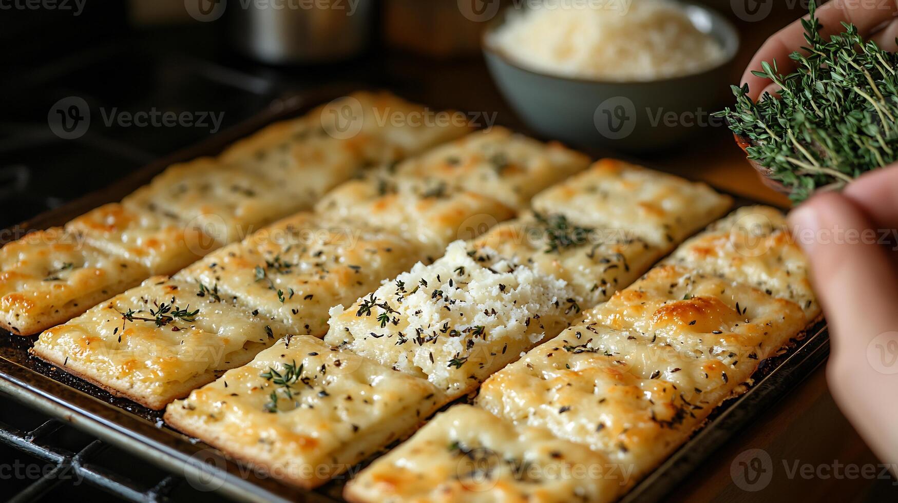 Cheese herb crackers baking with Parmesan and thyme on the counter photo