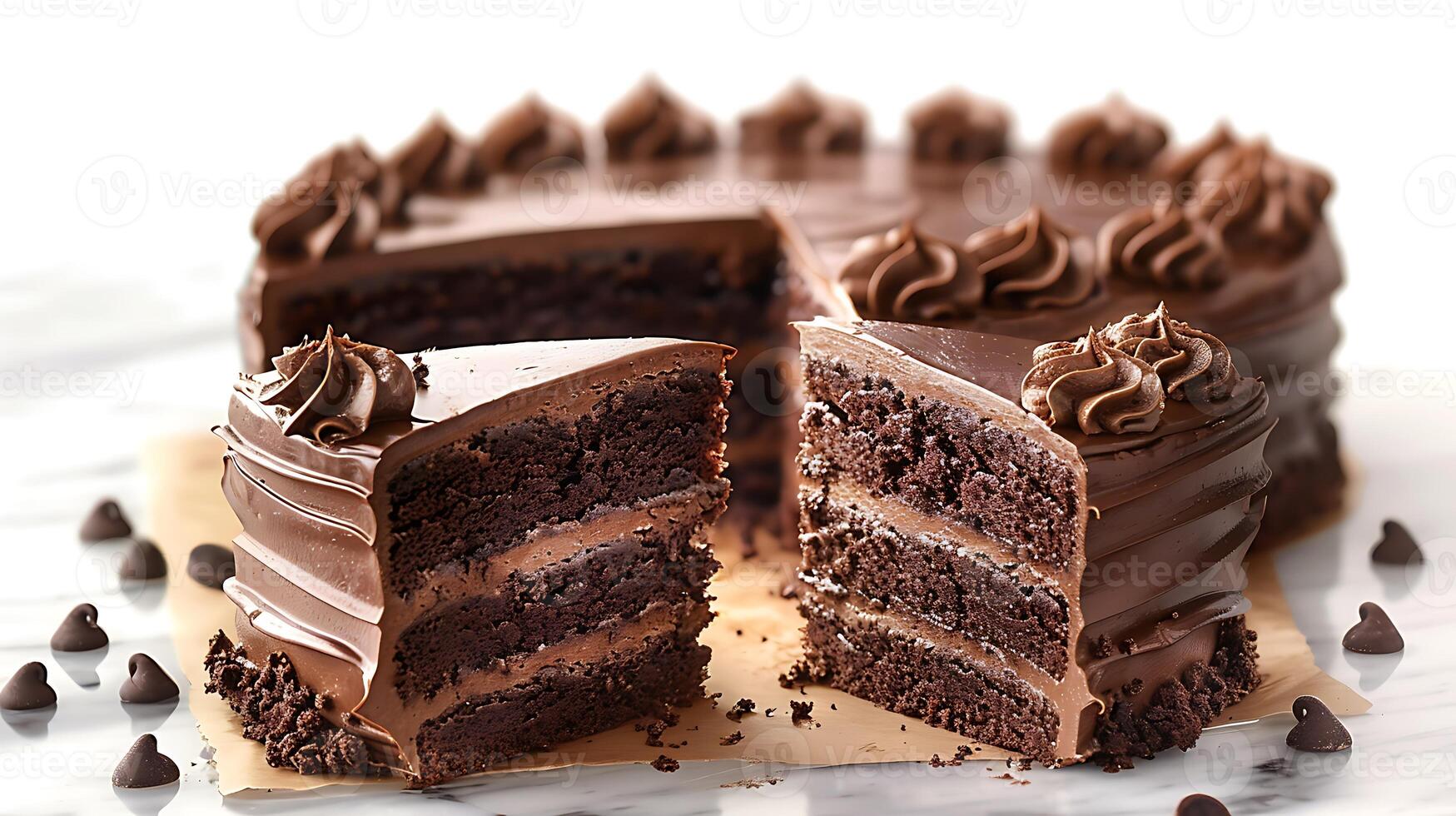 Classic chocolate cake cut out on an isolated simple minimalist background photo