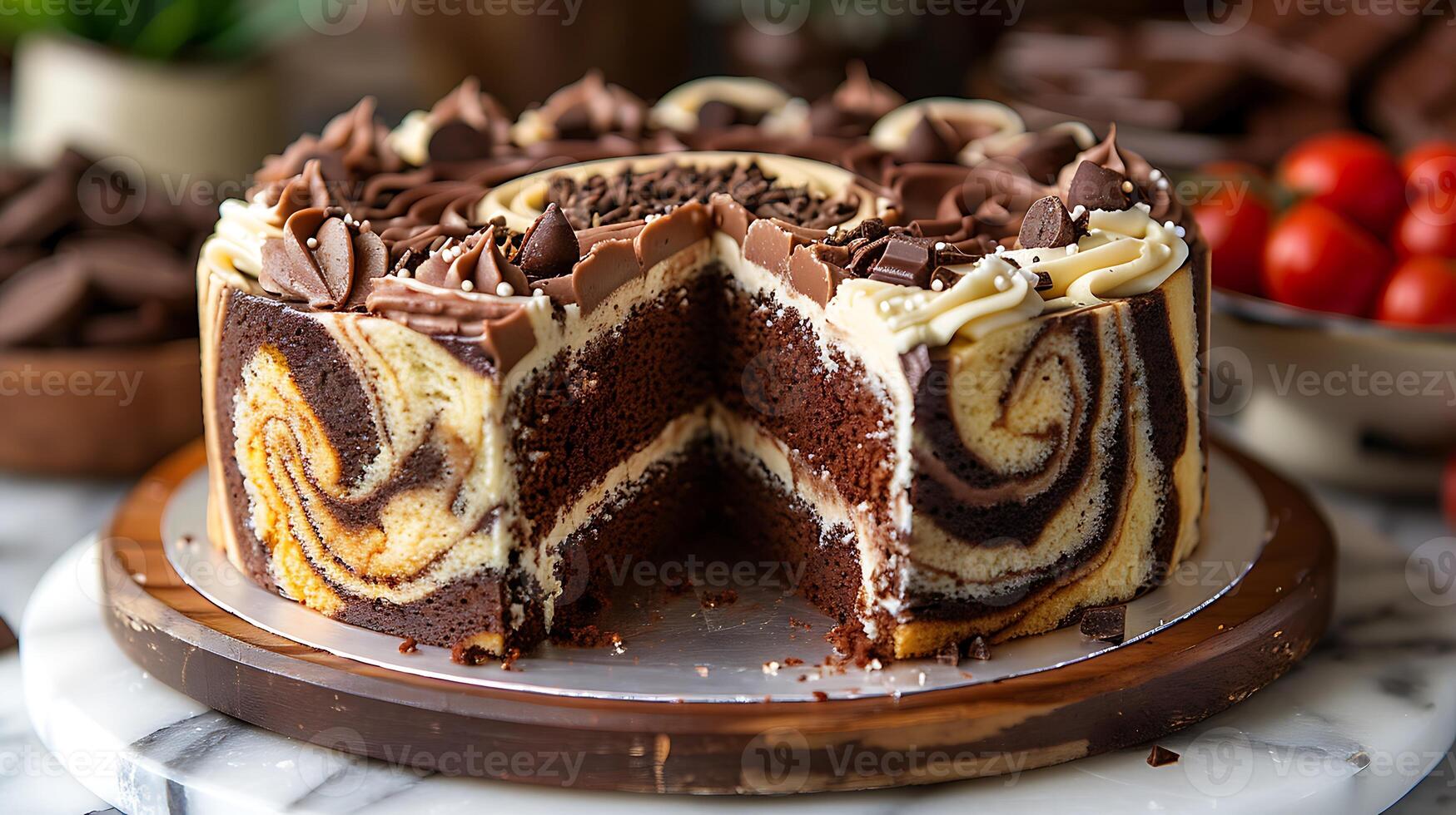 Classic marble cake with swirls of chocolate and vanilla cut out on an isolated simple minimalist background photo