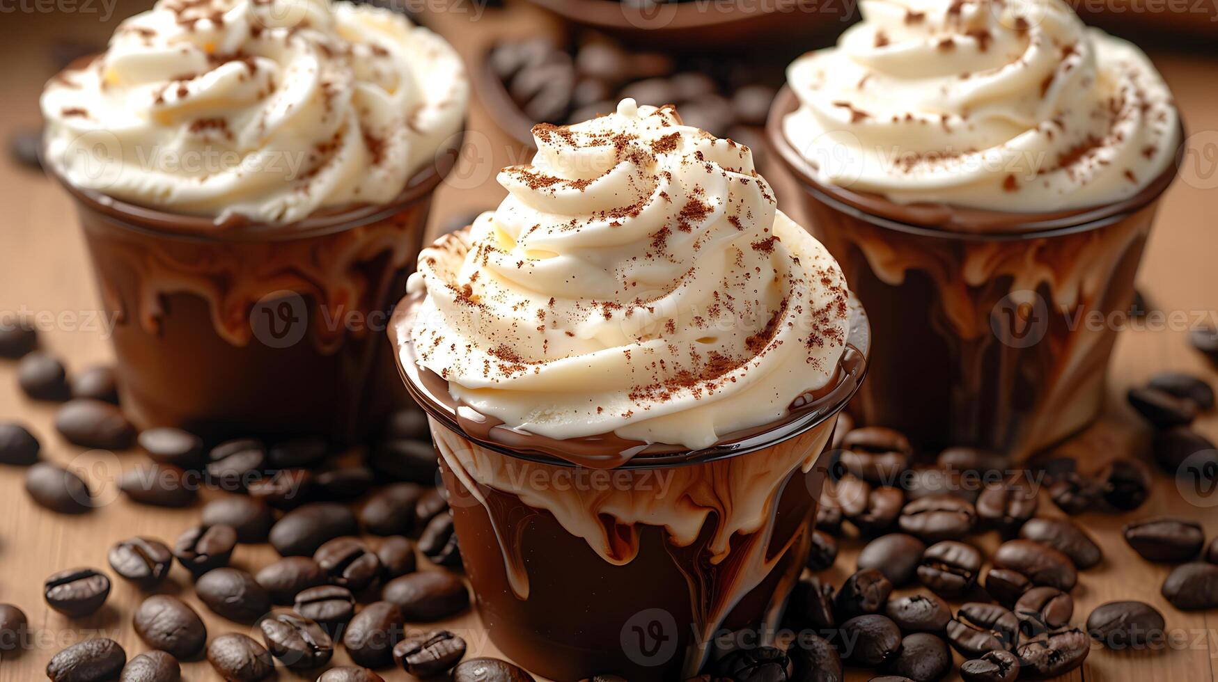 Decadent affogato with vanilla ice cream and surrounded by coffee beans all cut out on an isolated simple minimalist background photo