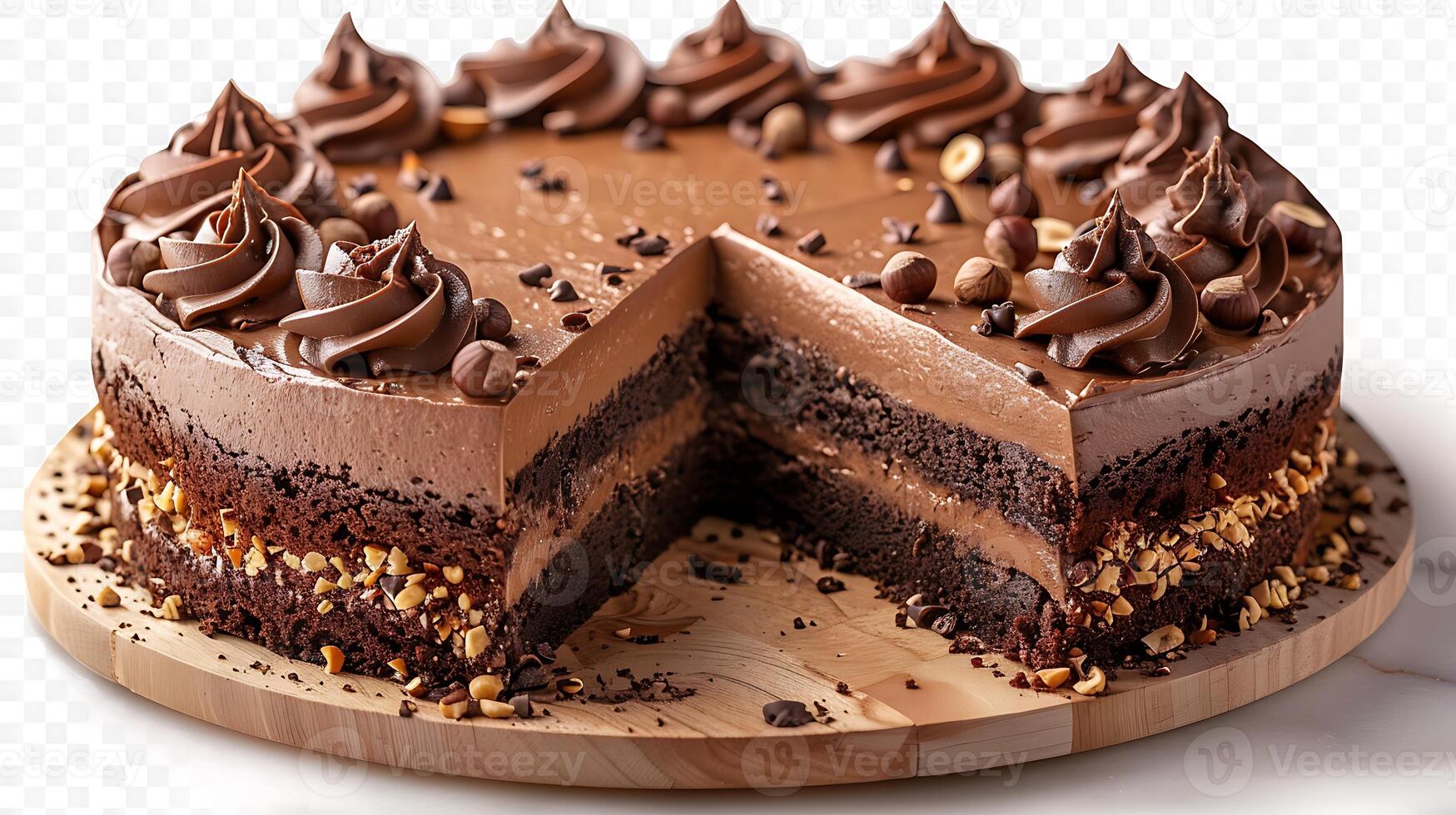 Decadent chocolate hazelnut cake cut out on an isolated simple minimalist background photo