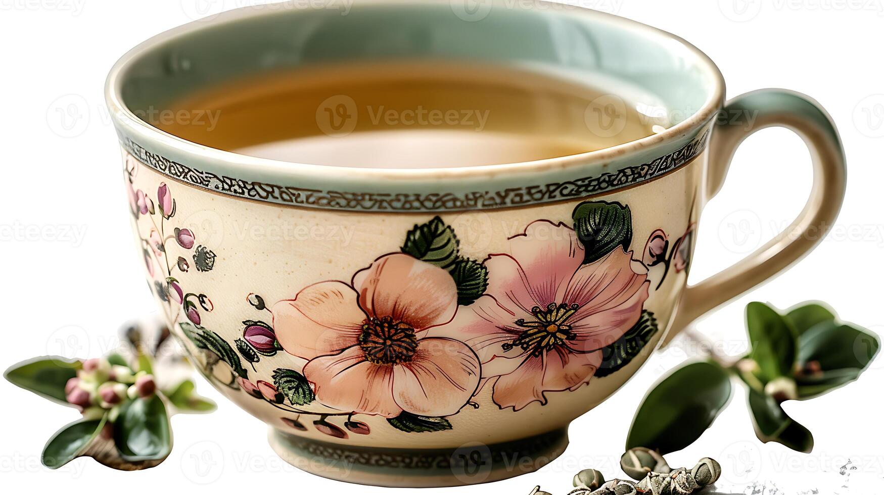 Floral cup of jasmine green tea cut out on an isolated simple minimalist background photo