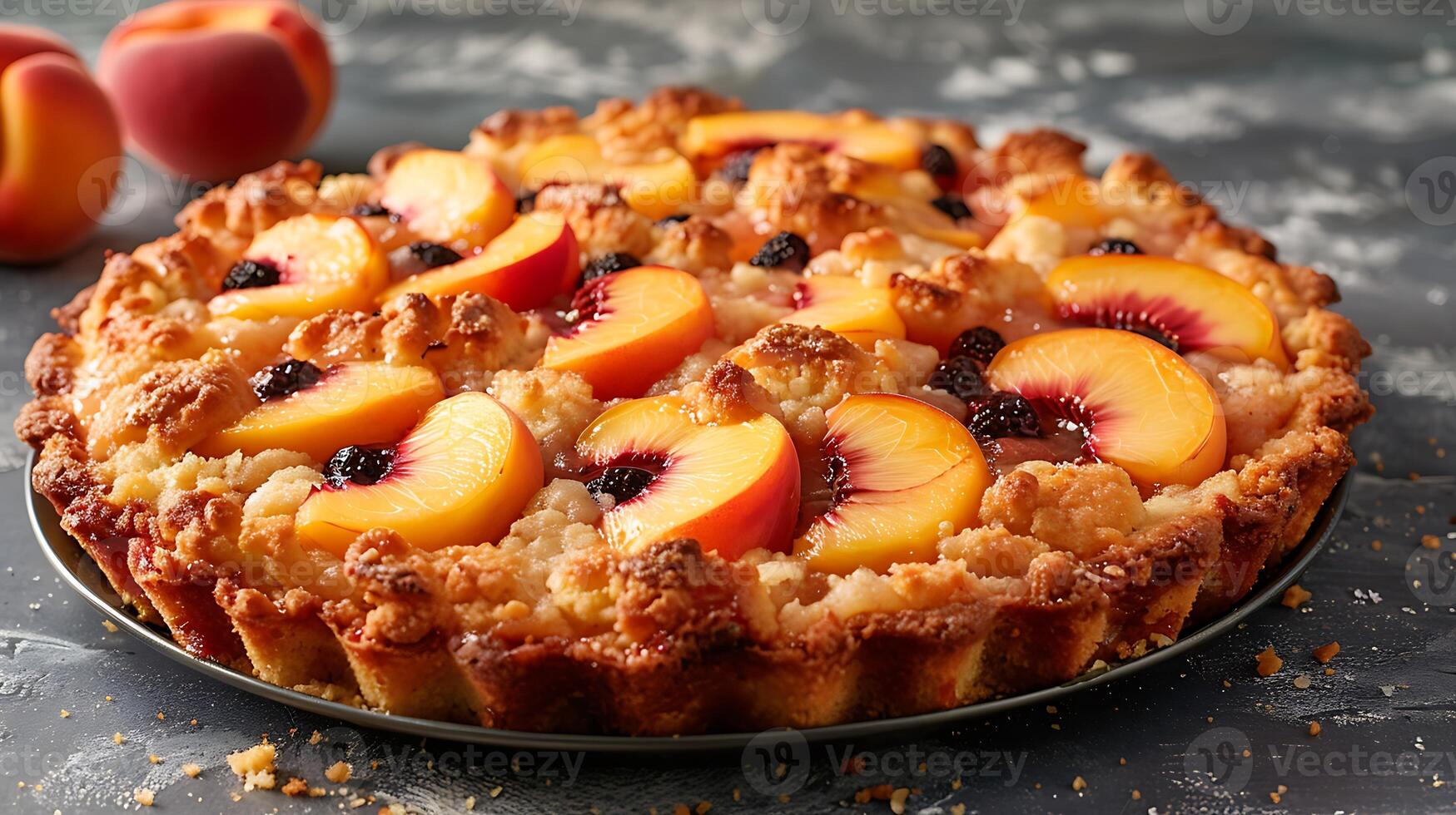Fruity peach cobbler cake cut out on an isolated simple minimalist background photo