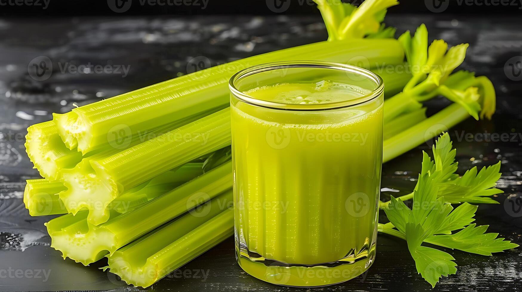 Glass of invigorating celery juice with celery stalks cut out on an isolated simple minimalist background photo
