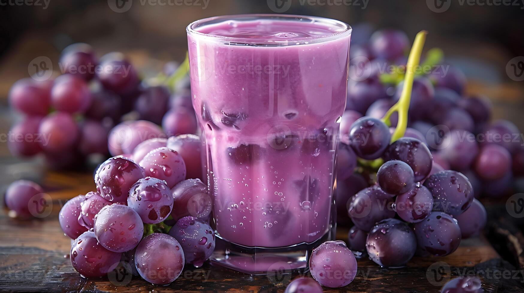 Glass of tangy grape juice with grape clusters cut out on an isolated simple minimalist background photo