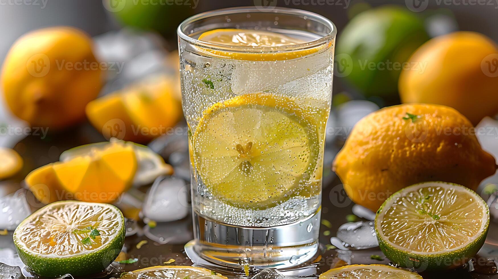 Glass of tangy lemonlimeade with lemon and lime slices cut out on an isolated simple minimalist background photo